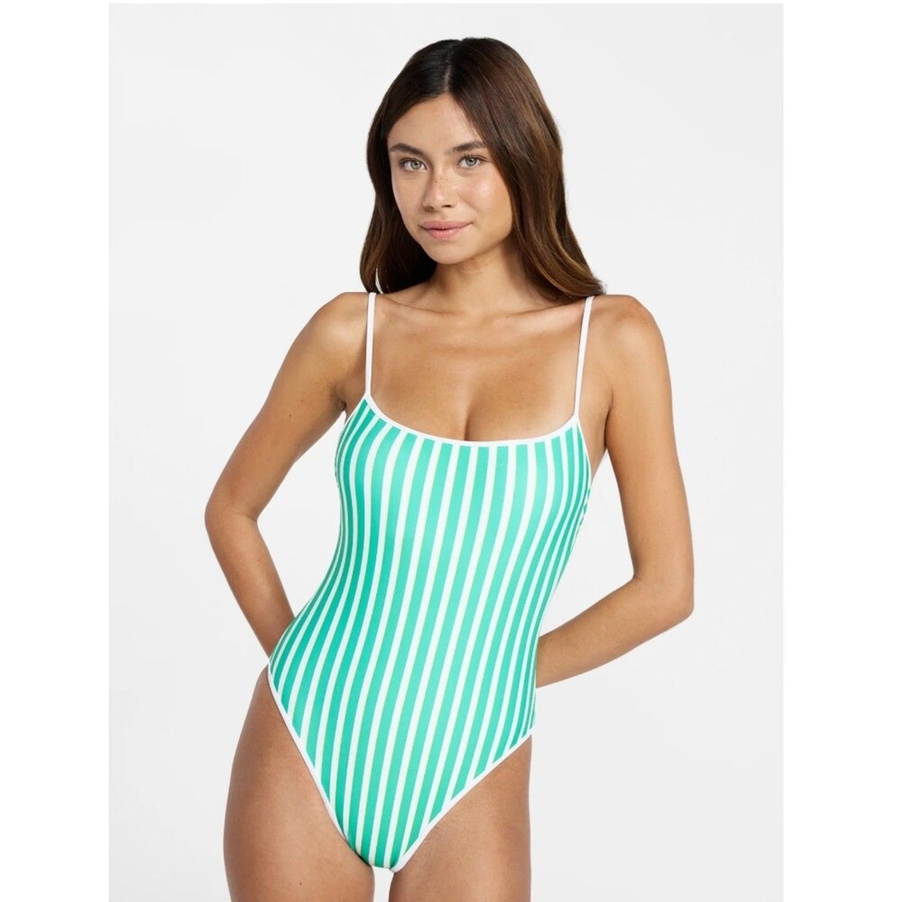 No Boundaries Sporty Stripe One-Piece Swimsuit Mint Chip Green Women’s Large NWT